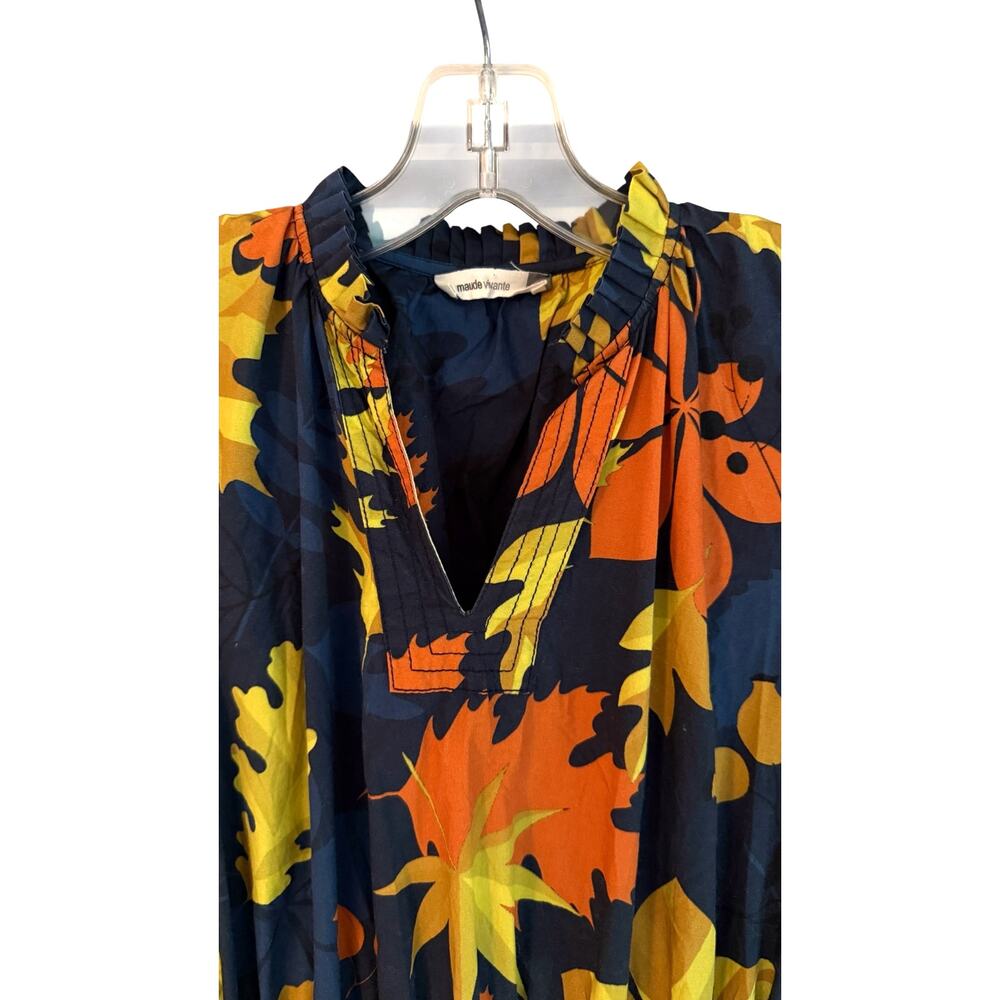 Maude Vivante Haley Midi Dress M Fall Leaves Belted Cotton Poplin Pockets - Picture 6 of 7